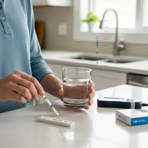 A person holding a glass of tap water and checking a multi-parameter test strip over a white countertop to learn how to test water quality at home.