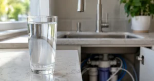 A clear glass of pure water on a kitchen countertop with an under-sink 7-stage water filtration system visible in the background, addressing if is ro water safe to drink long term