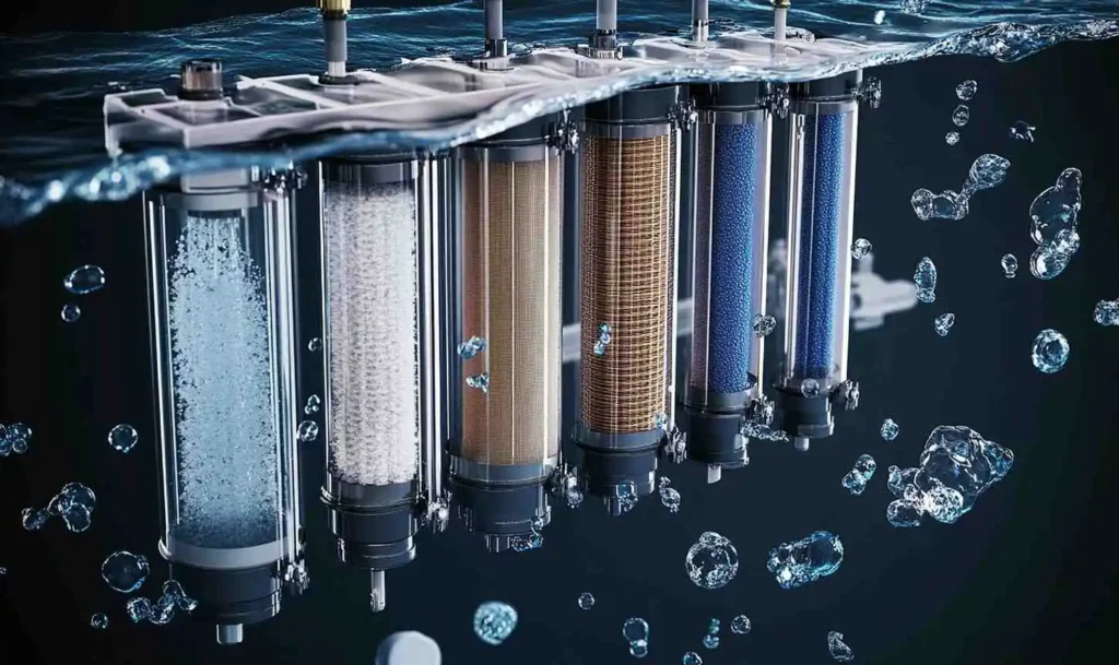 Cross section diagram of a multi-stage reverse osmosis filter for arsenic and heavy metal removal underwater
