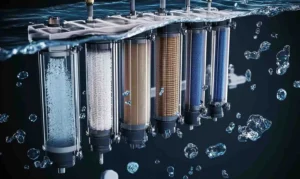Cross section diagram of a multi-stage reverse osmosis filter for arsenic and heavy metal removal underwater