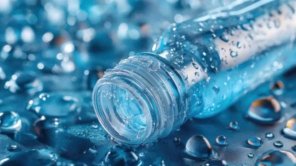 Close-up of a plastic drinking bottle with water droplets, illustrating phthalates in water bottles and concerns about chemical leaching into drinking water.