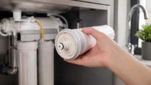 A hand holding a white cylindrical reverse osmosis membrane filter, showing its layered internal structure, with an under-sink water filtration system in the background.