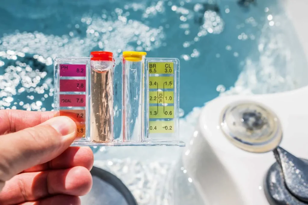 A hand holding a liquid pool and spa water testing kit to measure the ro water ph level and chlorine content against a color comparison chart.