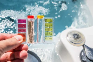 A hand holding a liquid pool and spa water testing kit to measure the ro water ph level and chlorine content against a color comparison chart.