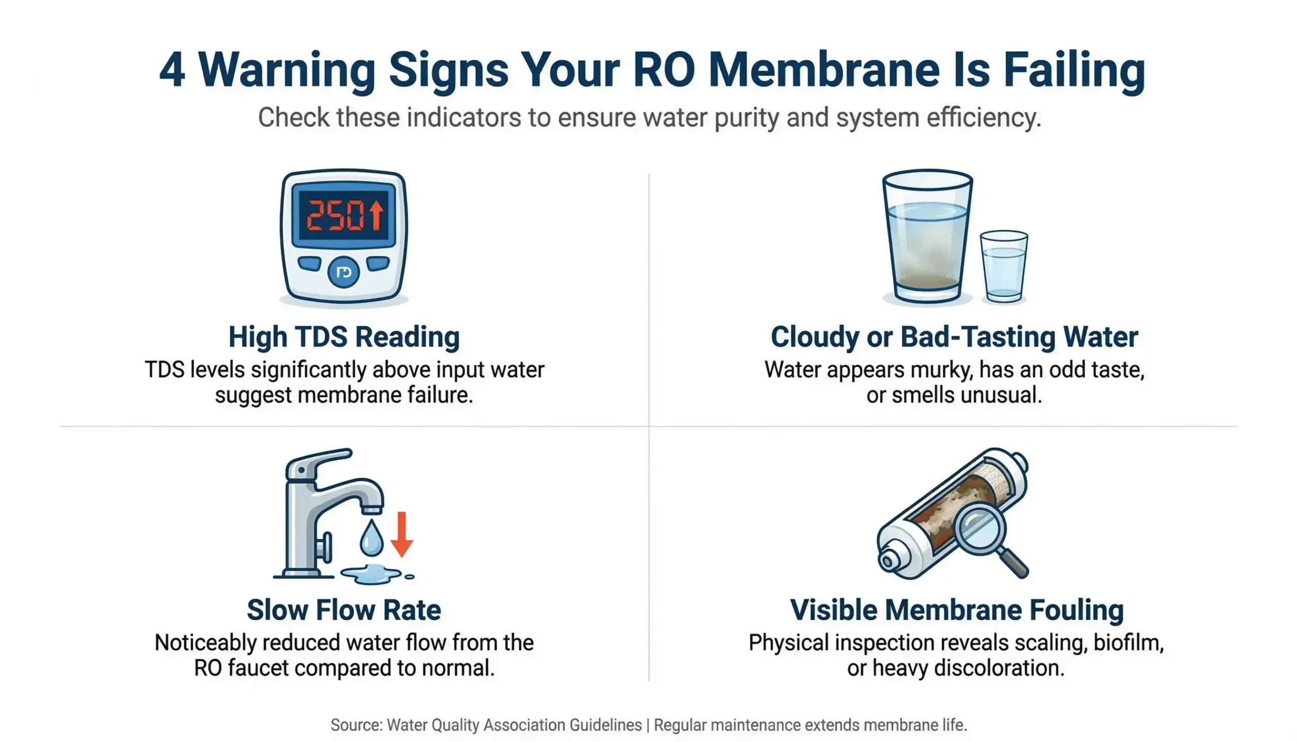 An infographic detailing four signs your reverse osmosis membrane filter may be failing, including a high TDS reading, cloudy or bad-tasting water, a slow flow rate, and visible membrane fouling.
