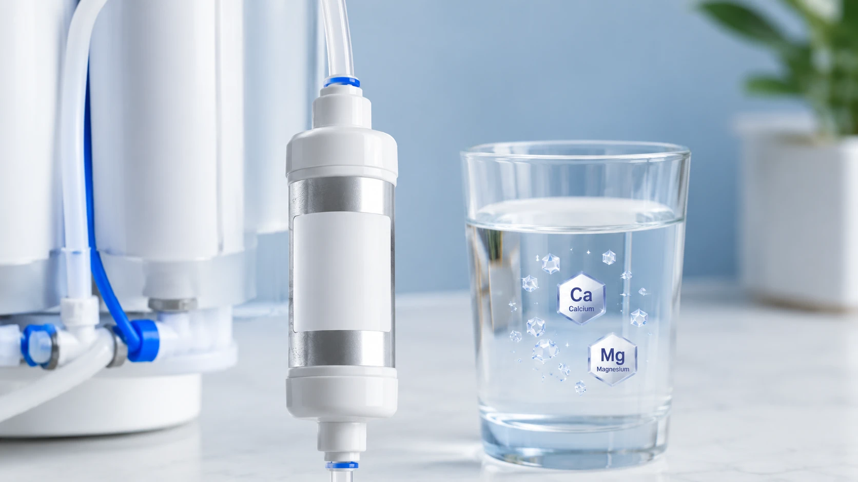 An inline remineralization filter cartridge attached to a multi-stage system next to a clear glass of water with calcium and magnesium icons, showing the simple fix remineralization