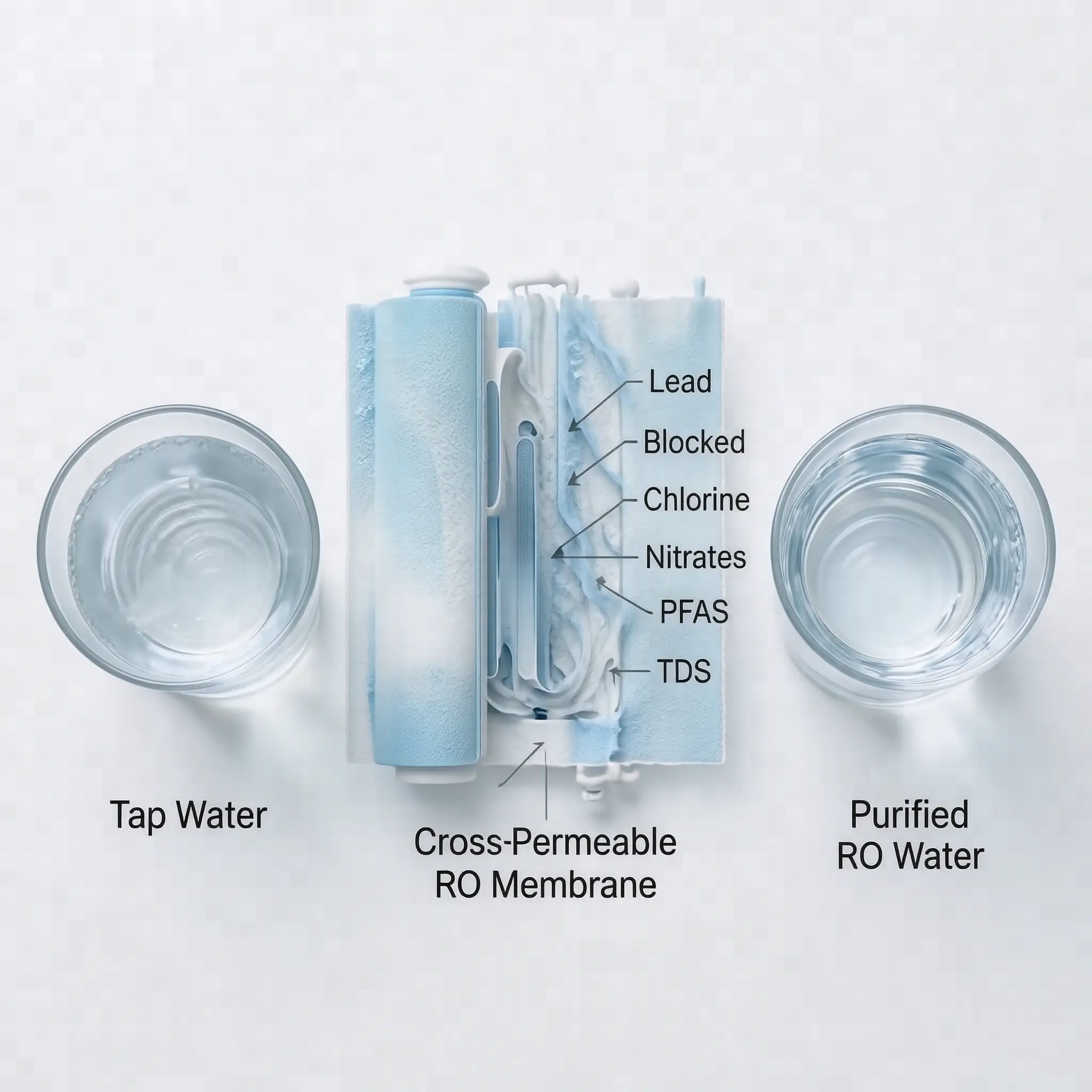 A top-down flat-lay infographic showing a cross-permeable ro membrane filtering tap water into purified ro water, highlighting what gets removed and what stays like lead, chlorine, nitrates, pfas, and tds
