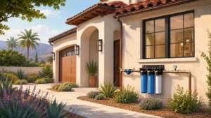 A professional 3-stage filtration setup mounted on a residential exterior to show are whole house water filters worth it