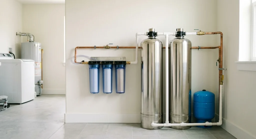 how much does a water filtration system cost - whole house water filtration system with sediment filters, carbon tanks, and pressure tank installed in a home utility room