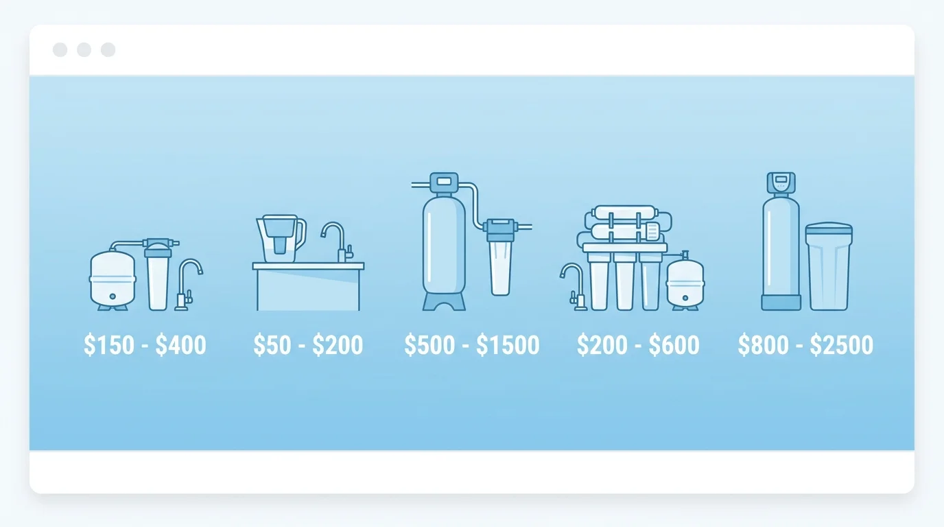 water filtration system cost by type infographic showing under-sink filter, pitcher filter, whole-house filter, reverse osmosis system, and water softener price ranges