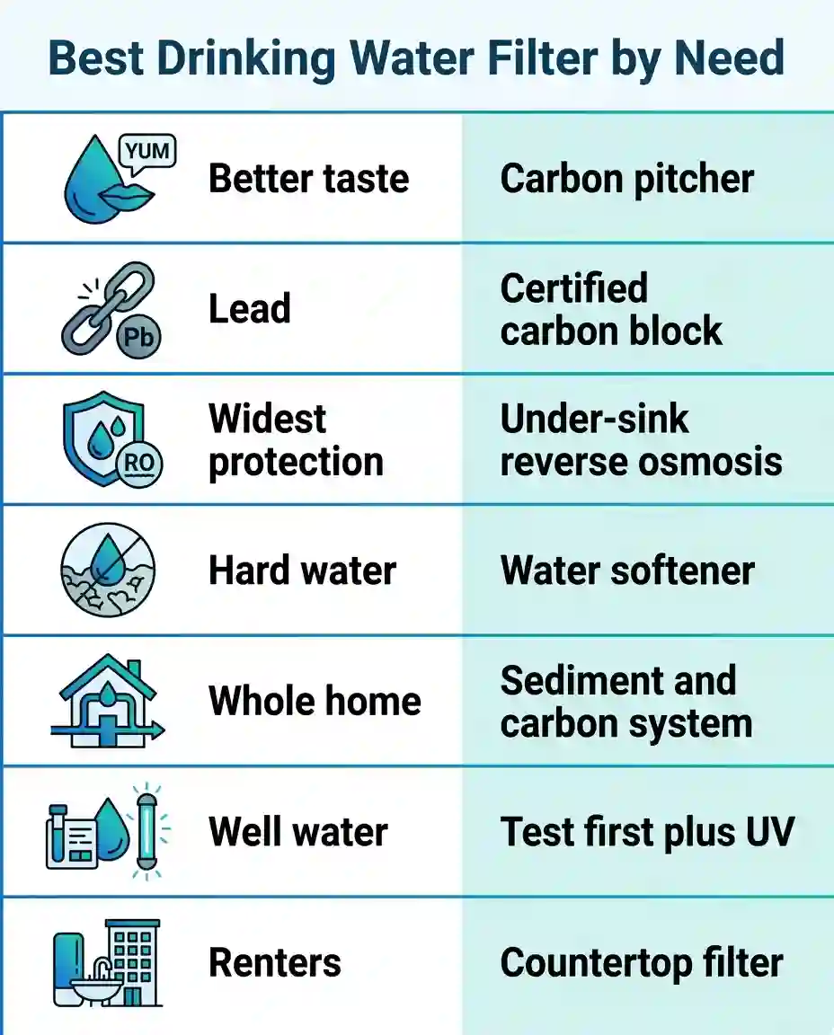 Infographic chart matching the best drinking water filter by need, from carbon pitcher to under-sink reverse osmosis and water softener