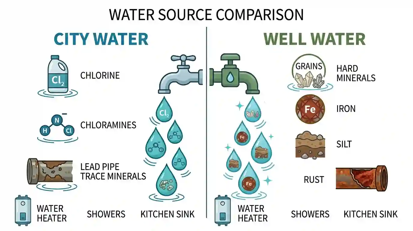 Comparison chart of city water contaminants like chlorine, chloramines, and lead pipe versus well water iron, silt, and rust