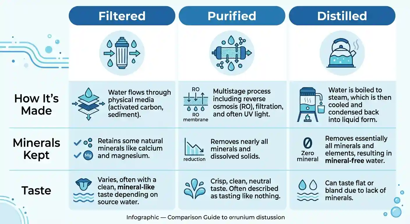 Infographic comparing filtered vs purified vs distilled water by how each is made, minerals kept, and taste