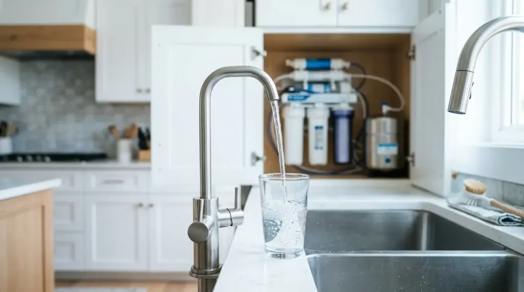 How does a water filter work: clear water pouring into a glass beside an open under-sink reverse osmosis system