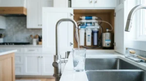 How does a water filter work: clear water pouring into a glass beside an open under-sink reverse osmosis system