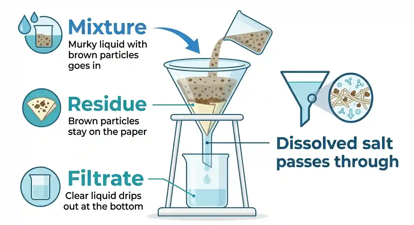 Diagram of the filtration process showing mixture, residue on filter paper, filtrate, and dissolved salt passing through