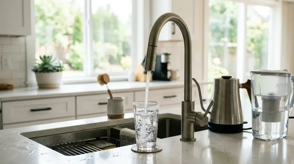 How to purify water at home: tap water filling a glass beside a kettle and filter pitcher in a bright kitchen