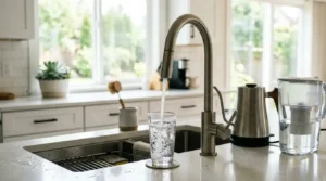 How to purify water at home: tap water filling a glass beside a kettle and filter pitcher in a bright kitchen