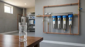 Is full house water filtration worth it? Multi-stage whole house water filter on a copper main water line beside a glass of water