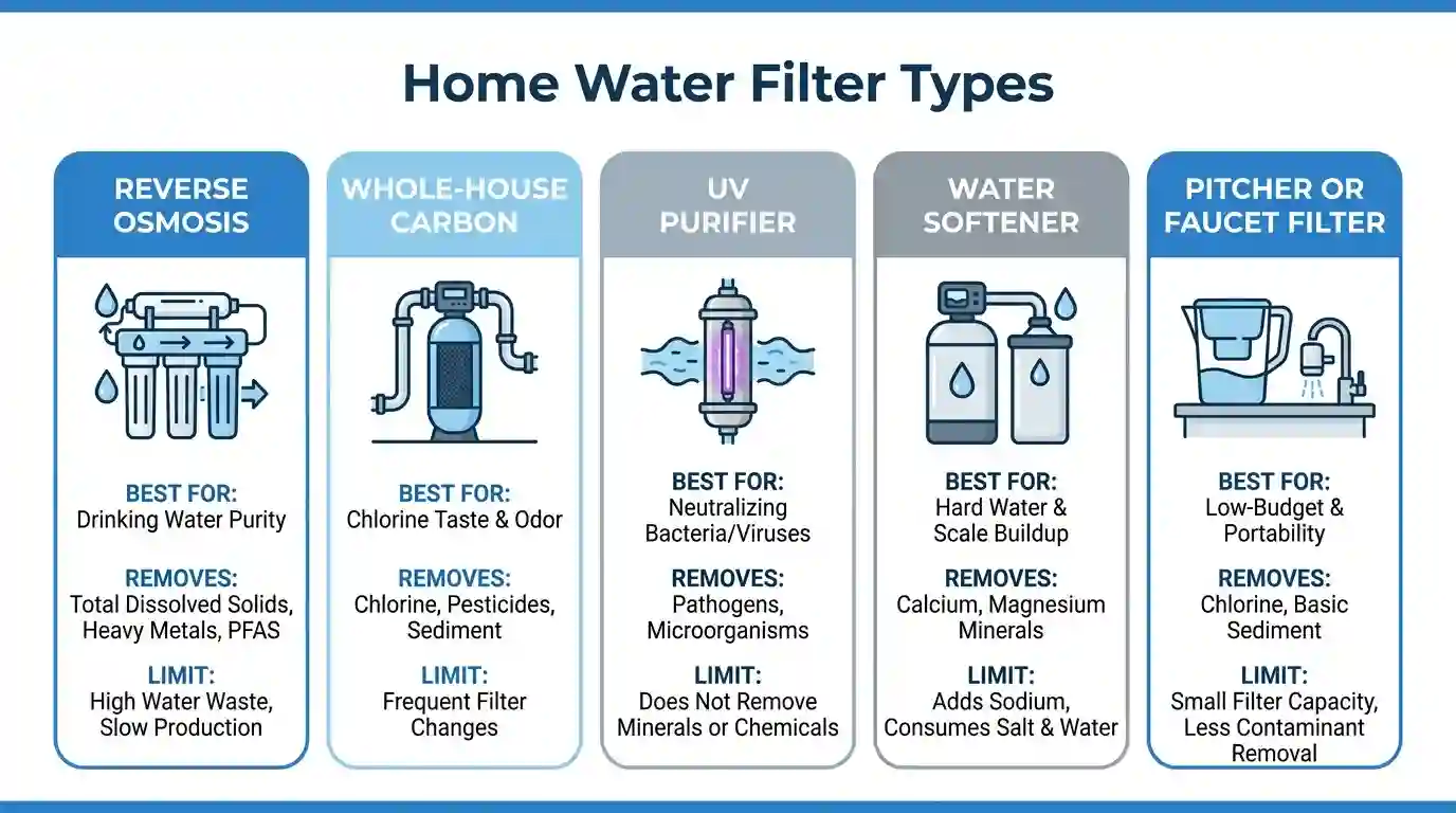Infographic comparing home water filter types: reverse osmosis, whole-house carbon, UV purifier, softener, and pitcher