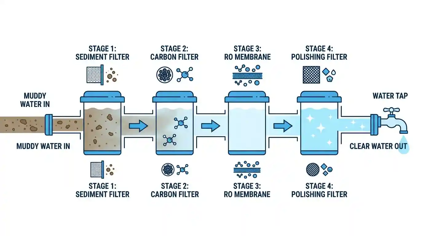 Diagram of the water filtration process showing four stages: sediment filter, carbon filter, RO membrane, and polishing filter