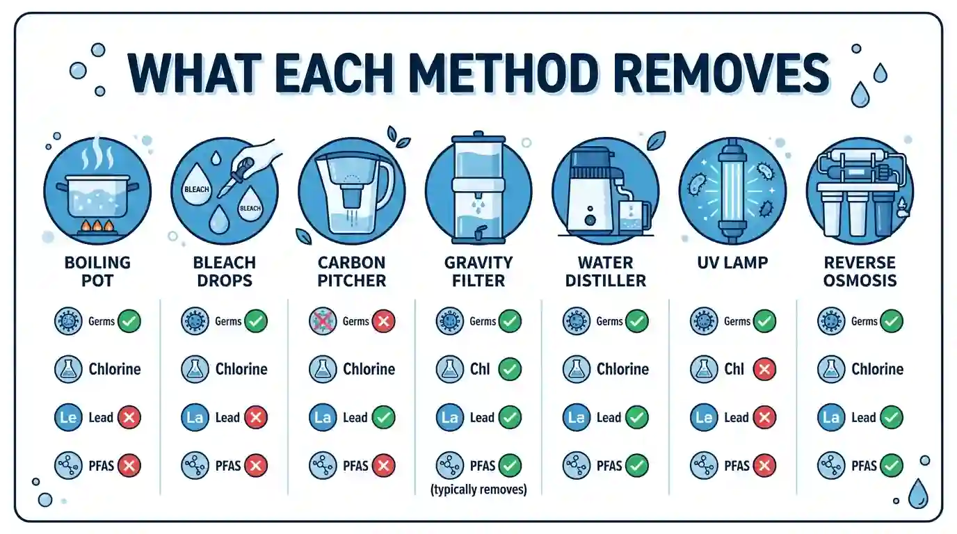 Infographic comparing what boiling, bleach, carbon filters, UV, distillation, and reverse osmosis remove from tap water