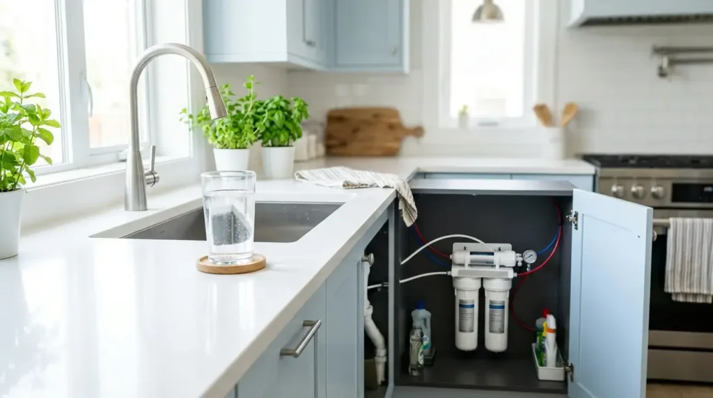 What filter is best for drinking water? Under-sink reverse osmosis system beside a glass of filtered tap water