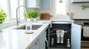 What filter is best for drinking water? Under-sink reverse osmosis system beside a glass of filtered tap water