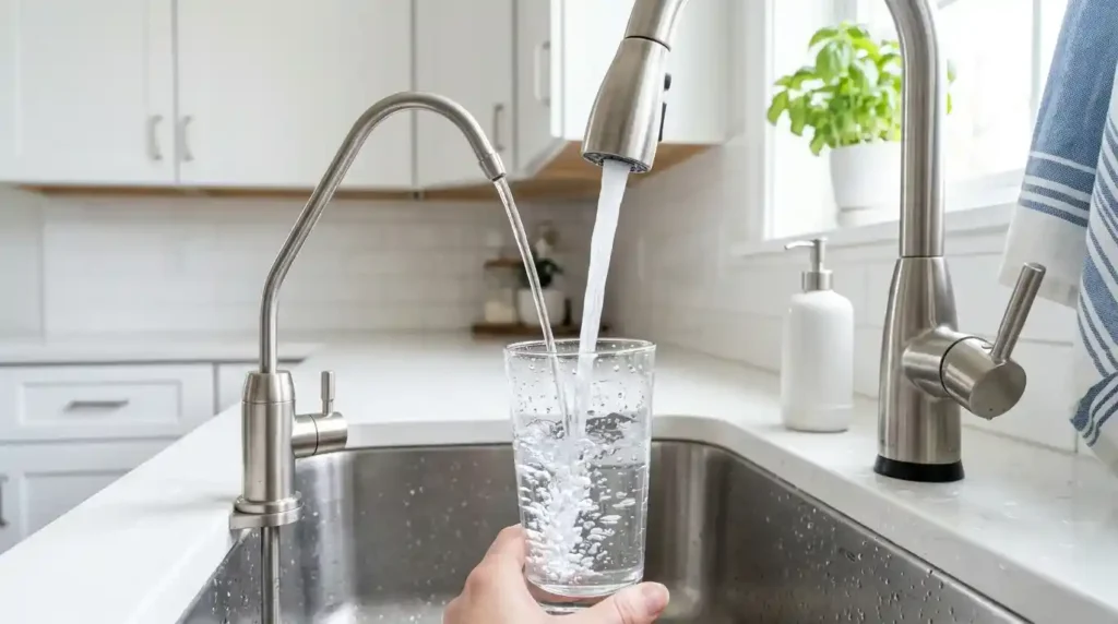 What is filtered water: hand filling a glass with clean drinking water from an under-sink filter faucet beside the kitchen tap