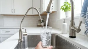 What is filtered water: hand filling a glass with clean drinking water from an under-sink filter faucet beside the kitchen tap