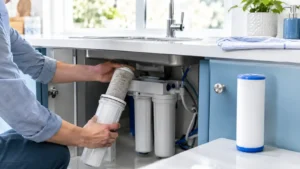 What is the lifespan of a water filter? Homeowner replacing a used cartridge in an under-sink RO system beside a new filter