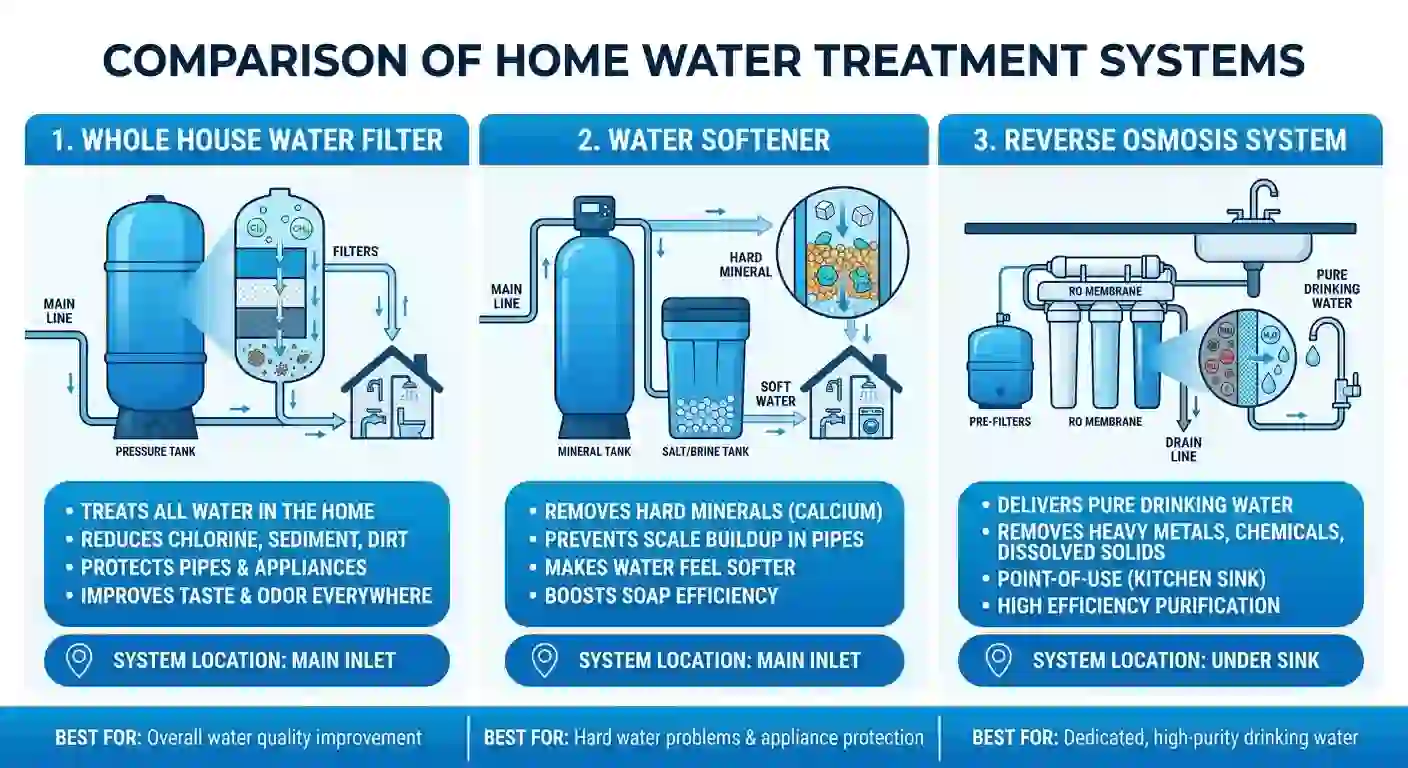 Comparison chart of whole house water filter vs water softener vs reverse osmosis system showing location and best use