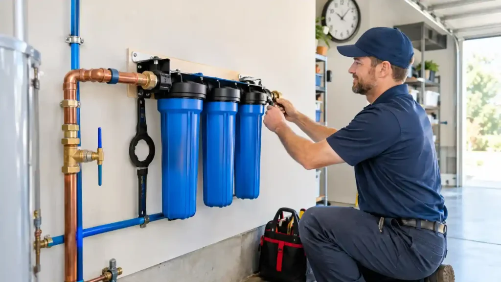 How long does it take to install a whole house water filter? Plumber mounting a three-stage filter on a home's main water line in a garage