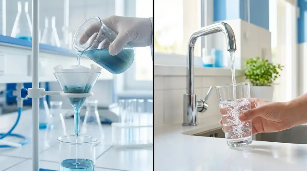 Why is it necessary to filter the solution? Lab funnel with filter paper beside a glass of tap water filling from a faucet